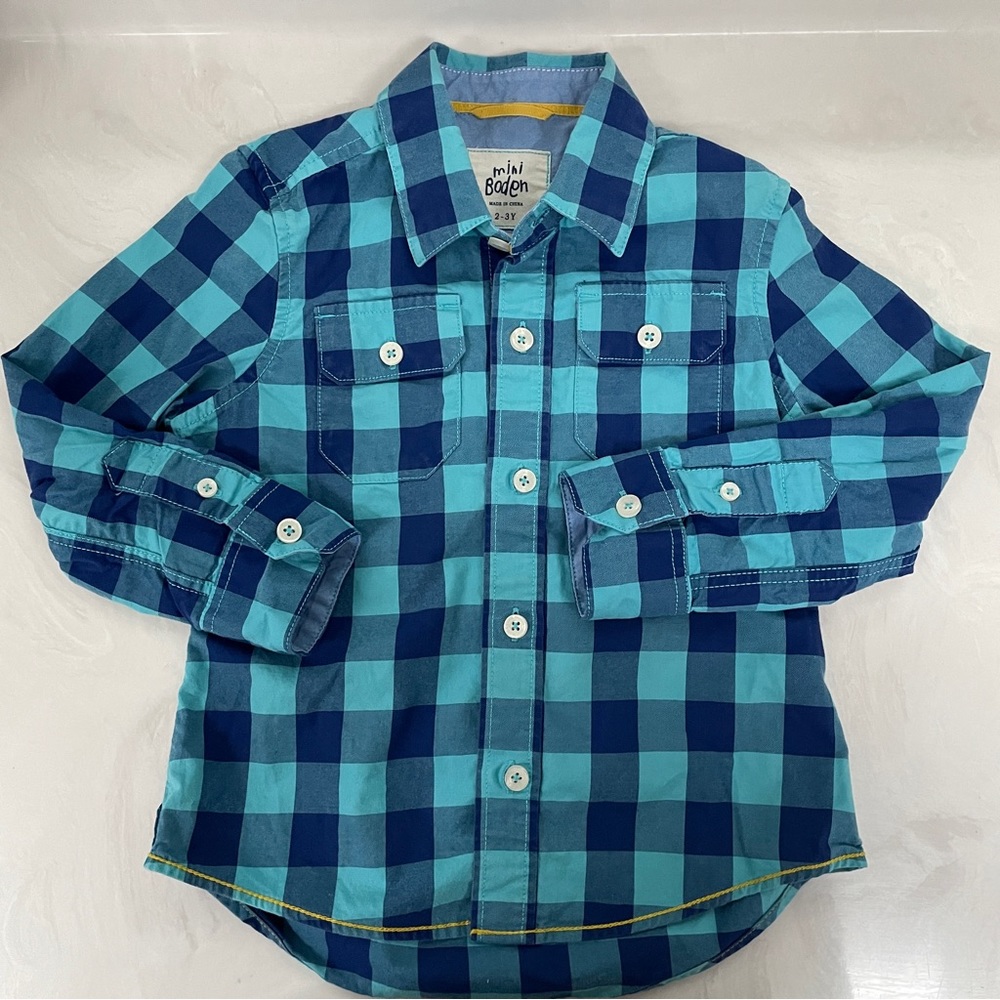 2-3Y | Mini Boden Button Up Blue Gingham Checker Collared Dress Shirt